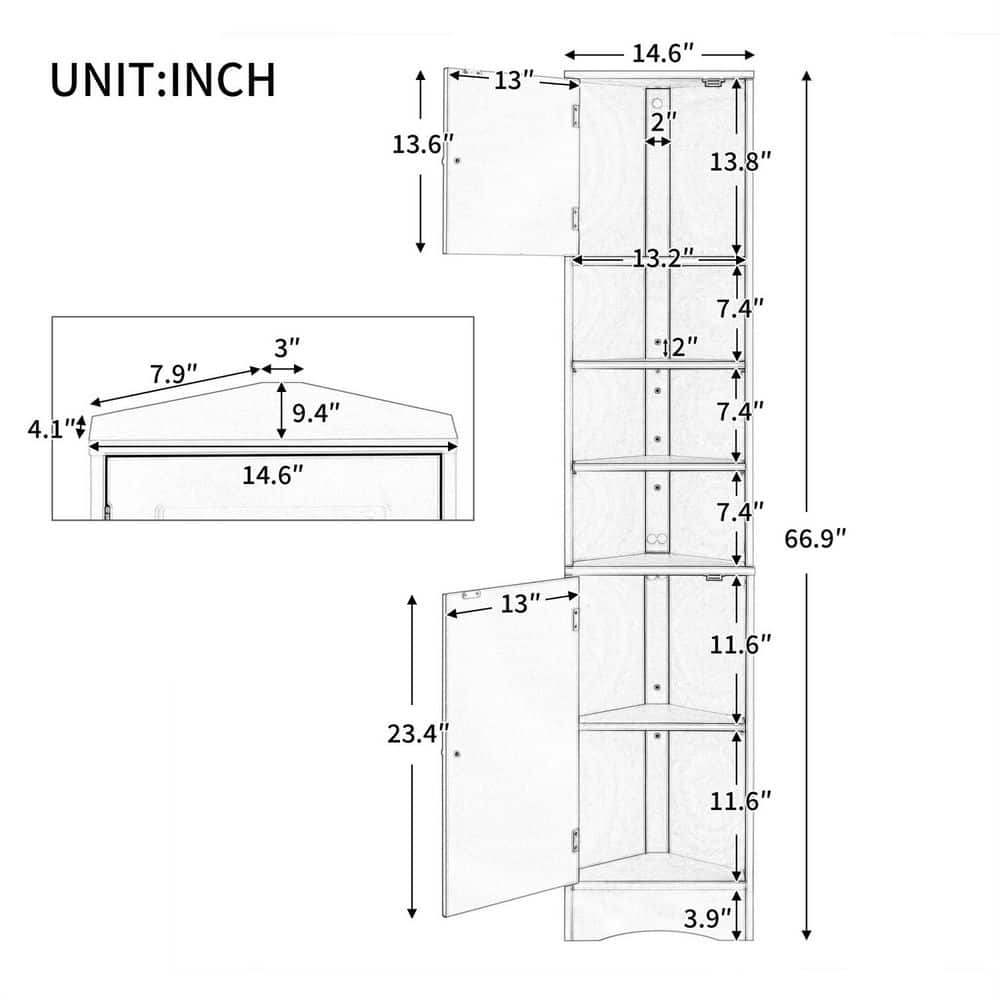 Boyel Living 9.4 in. W x 14.6 in. D x 66.9 in. H Black MDF Linen Cabinet with Adjustable Shelf 2 Doors (3)