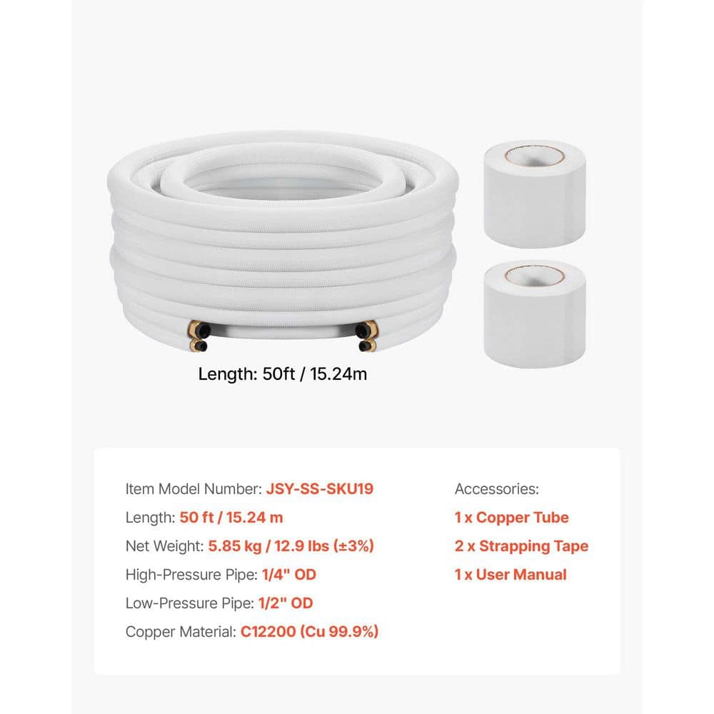 Unbranded 50 ft. Mini Split Line Set 1/4 in. 1/2 in. OD AC Copper Tubing Pipe 3/8 White PE Thickened Insulated Coil w/Flared Nuts (3)