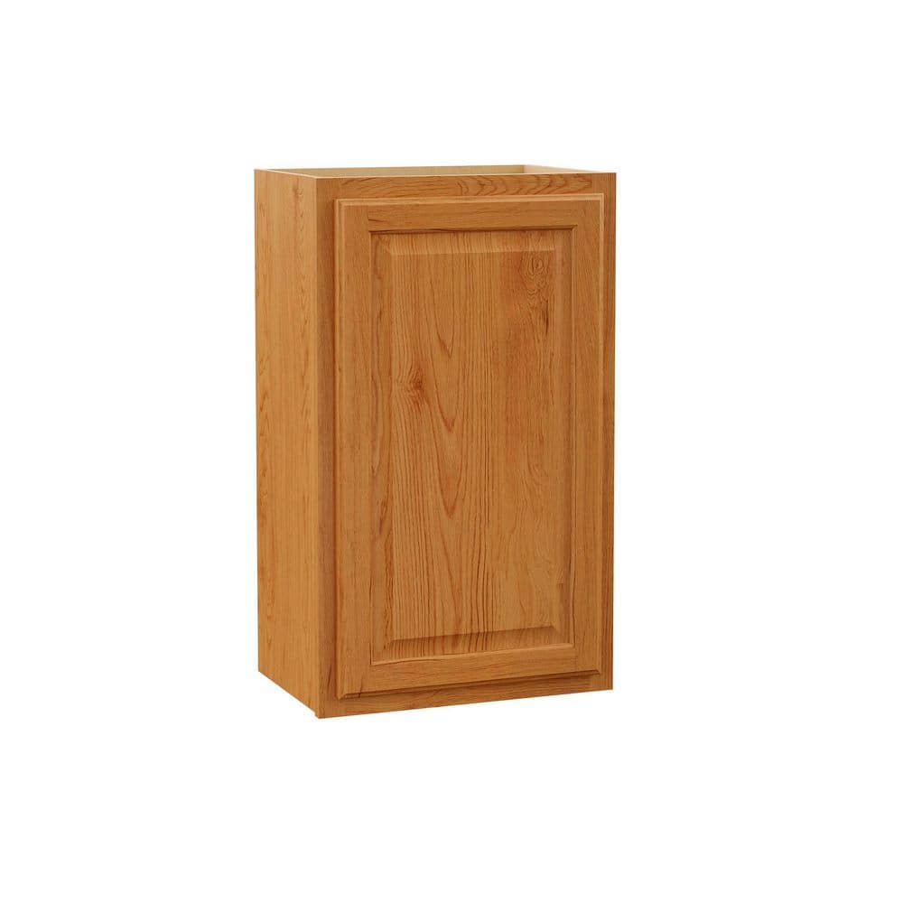 Hampton Bay Hampton 18 in. W x 12 in. D x 30 in. H Assembled Wall Kitchen Cabinet in Medium Oak (1)