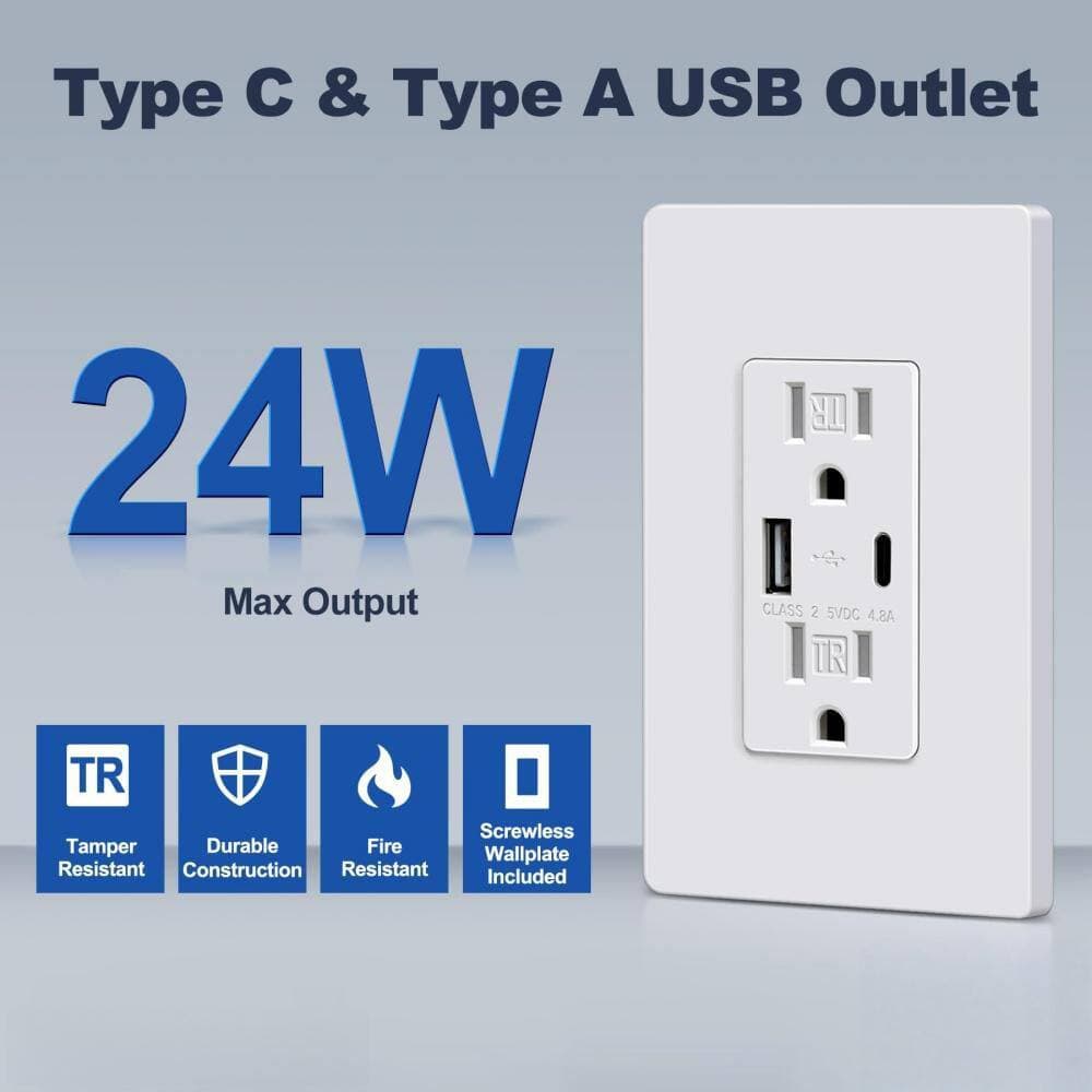 BIBIVIS 10-Pack 15 amp Wall Outlet with USB Ports, 4.8A/24W USB Receptacle with Type C and Type A, Tamper-Resistant, White (3)