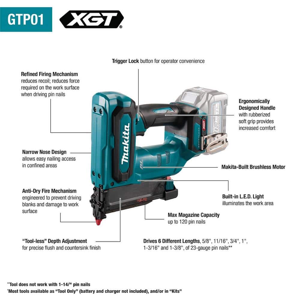 Makita 40V max XGT Brushless Cordless Pin Nailer Kit, 23 Ga., 2.5Ah (3)