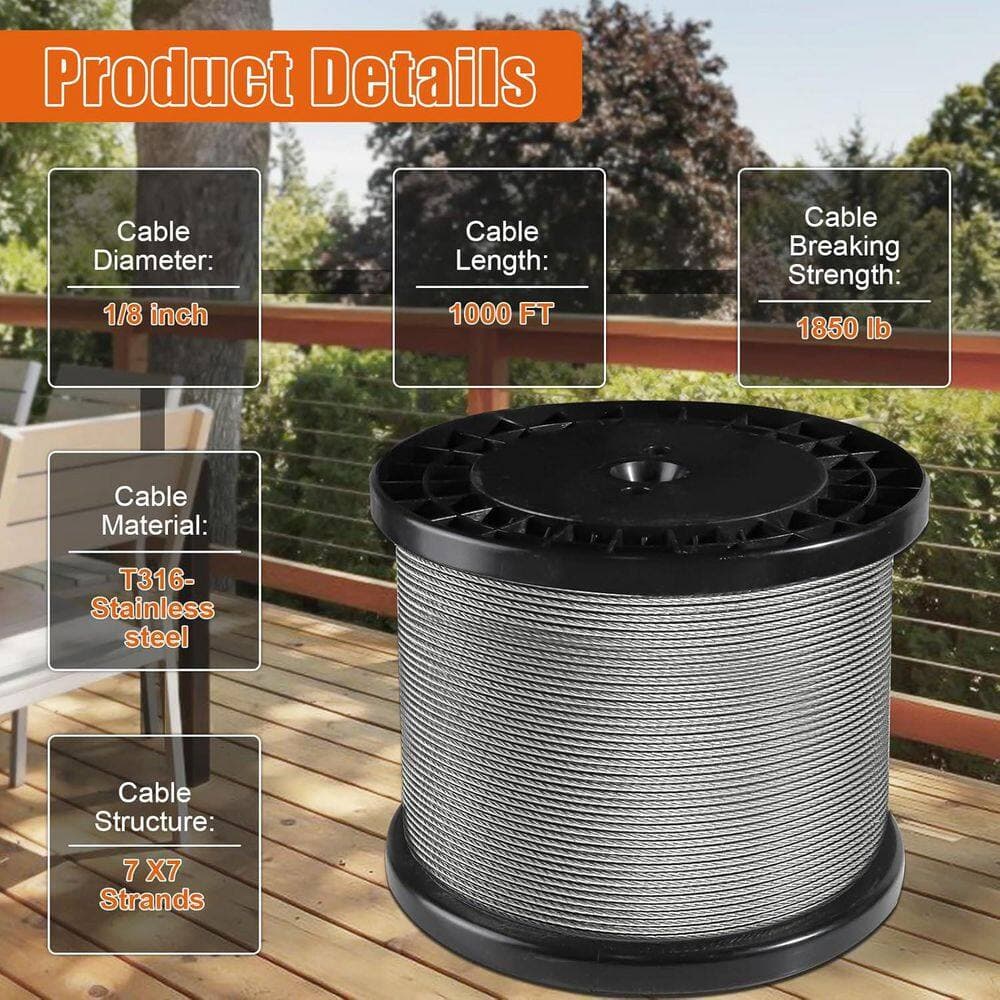 Afoxsos 12000 in. W x 1 in. H Silver Stainless Steel Cable with Cutter for Deck Railing and DIY Projects (3)