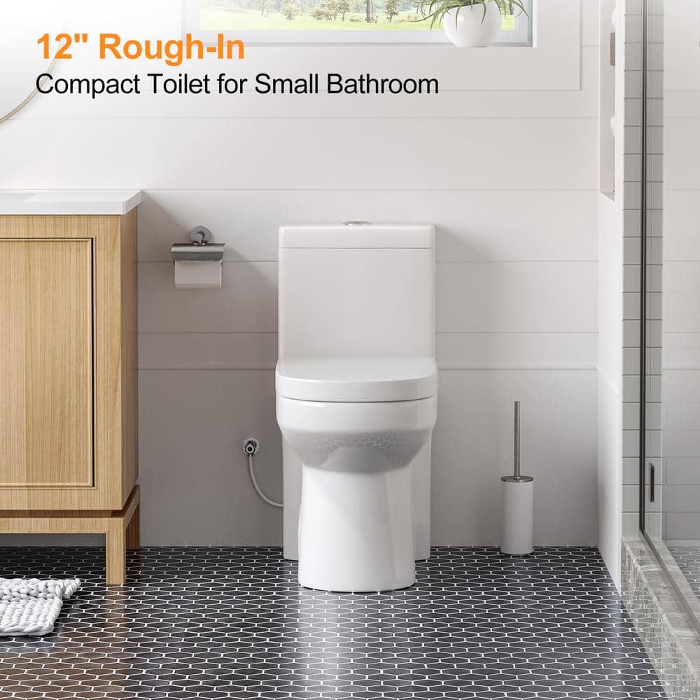 HOROW 1-piece 0.8/1.28 GPF Dual Flush Round Toilet in White Seat Included (2)