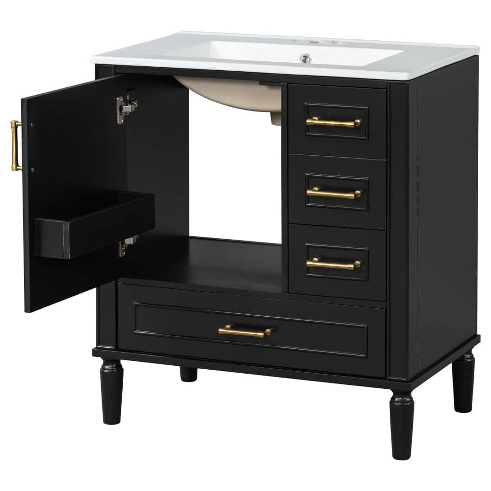 Flynama 30" Black Traditional Vanity,3 Drawers+Soft Close Door,Long Gold Metal Handles (3)