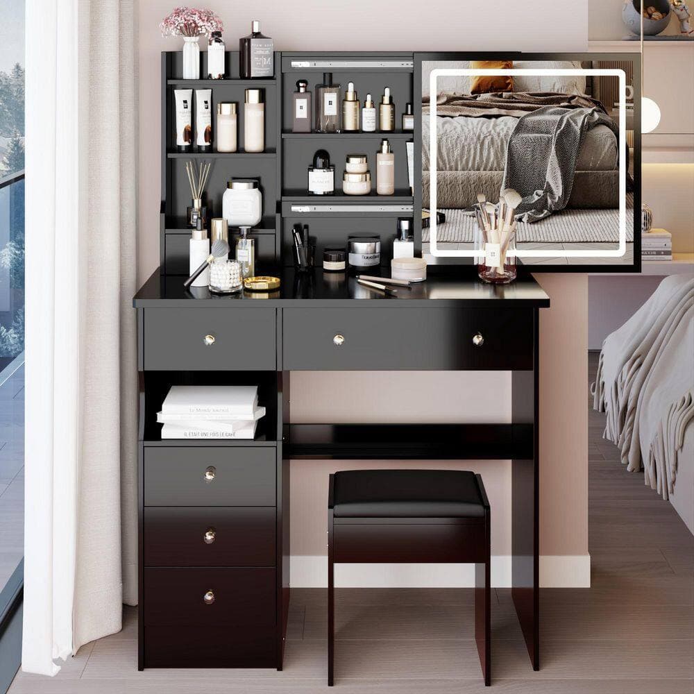 Siavonce 37 in. Left Drawer Desktop LED Vanity Organizer Table w/ Cushioned Stool 3-Color Touch Control Switching Mirror in Black (2)