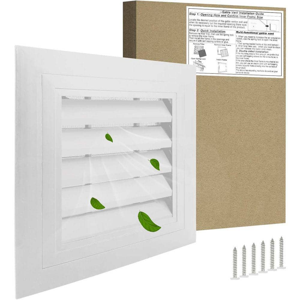 KIWDZFU 12x12 Square White Aluminum Alloy Wall Vent with 180 Degree Opening Removable Strainer for Attic Garage Shed (2)