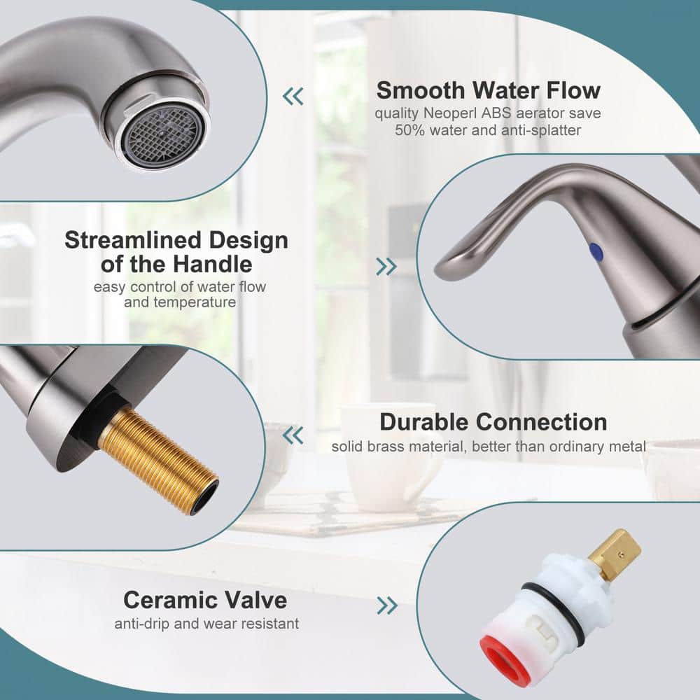 IVIGA 4 in. Centerset Double Handle High Arc Bathroom Faucet with Drain Kit, 2-Aerators and Supply Lines in Brushed Nickel (3)