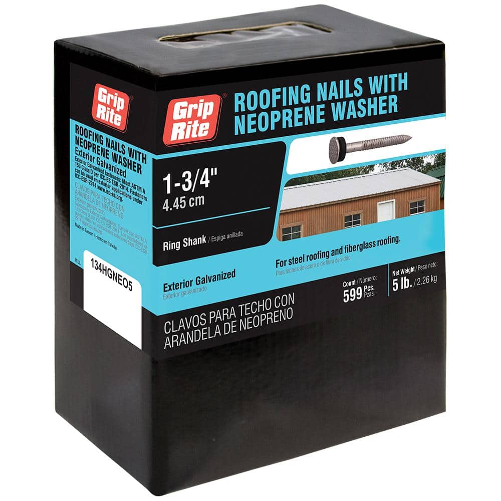 Grip-Rite 1-3/4 in. x 10-Gauge Exterior Galvanized Ring Shank Roofing Nails with Neoprene Washers 5 lb. Box