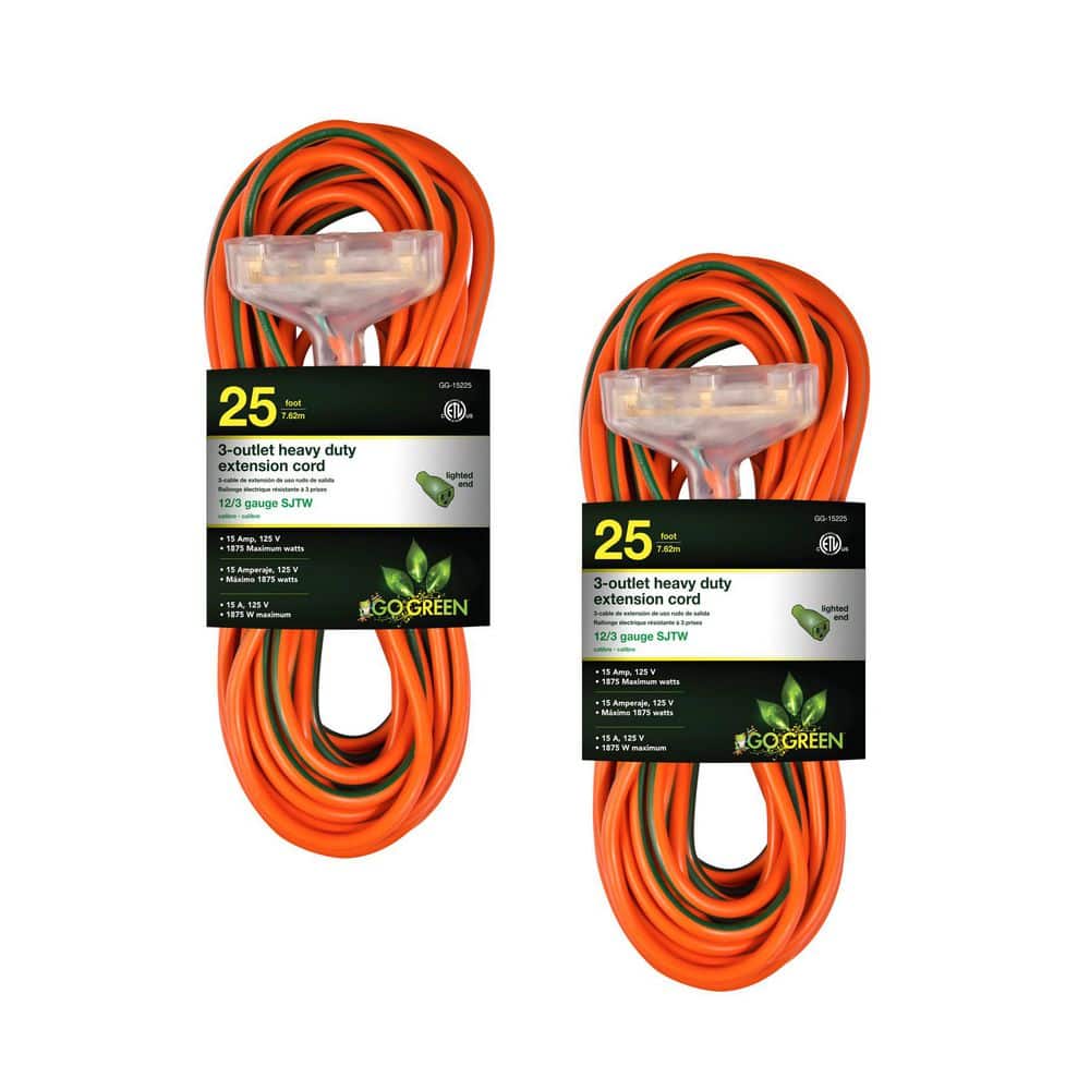 GoGreen Power 25 ft. 12/3 3-Outlet Indoor Heavy Duty Extension Cord Orange (2-Pack) (1)