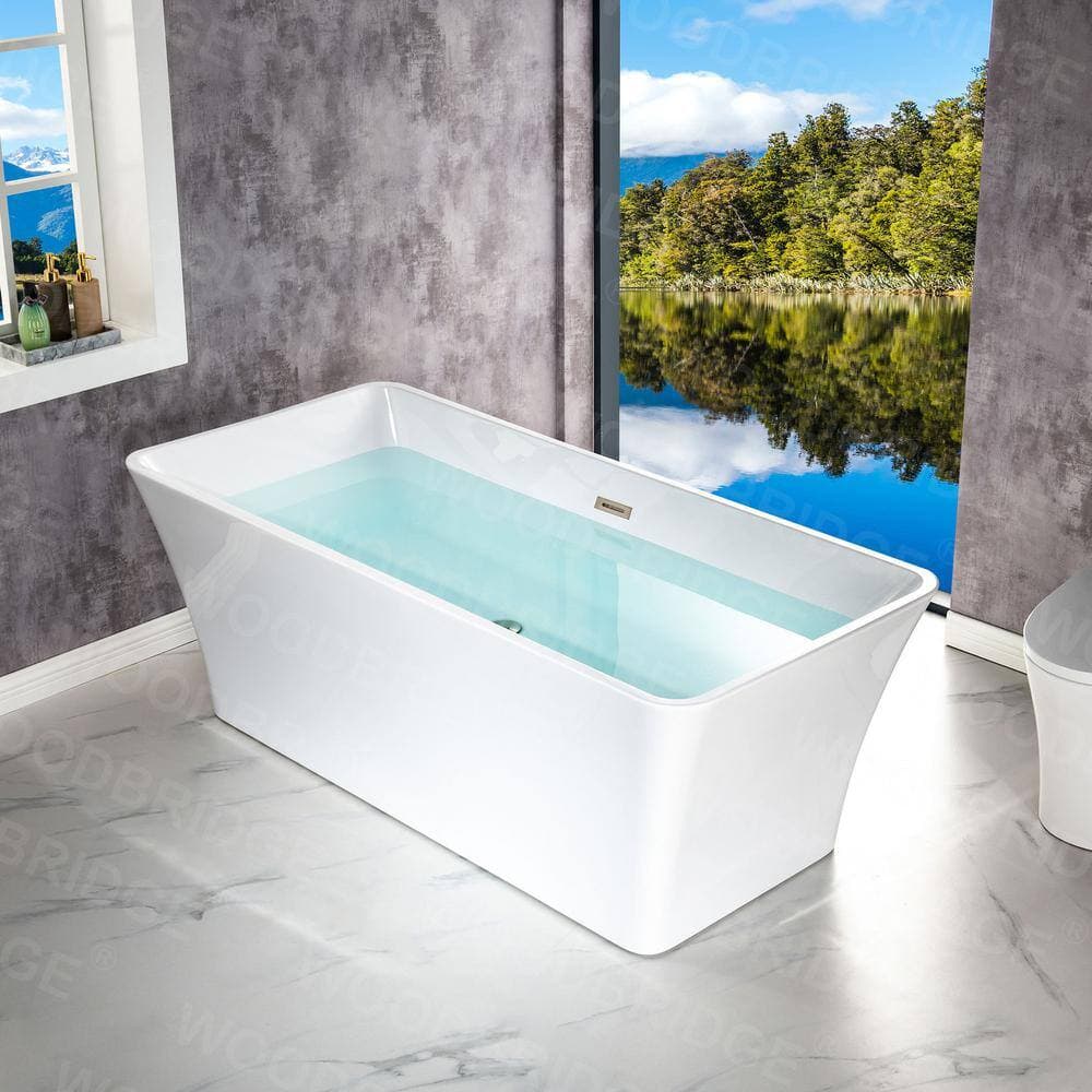 WOODBRIDGE Princeton Acrylic FlatBottom Rectange Bathtub with Brushed Nickel Overflow and Drain Included White (2)