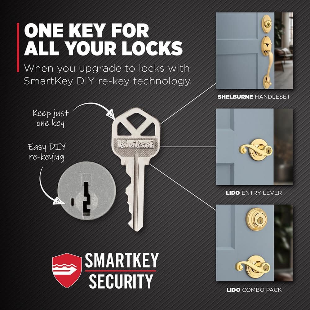 Kwikset Shelburne Polished Brass Single Cylinder Keyed Entry Door Handleset with Lido Handle Featuring SmartKey Security (3)