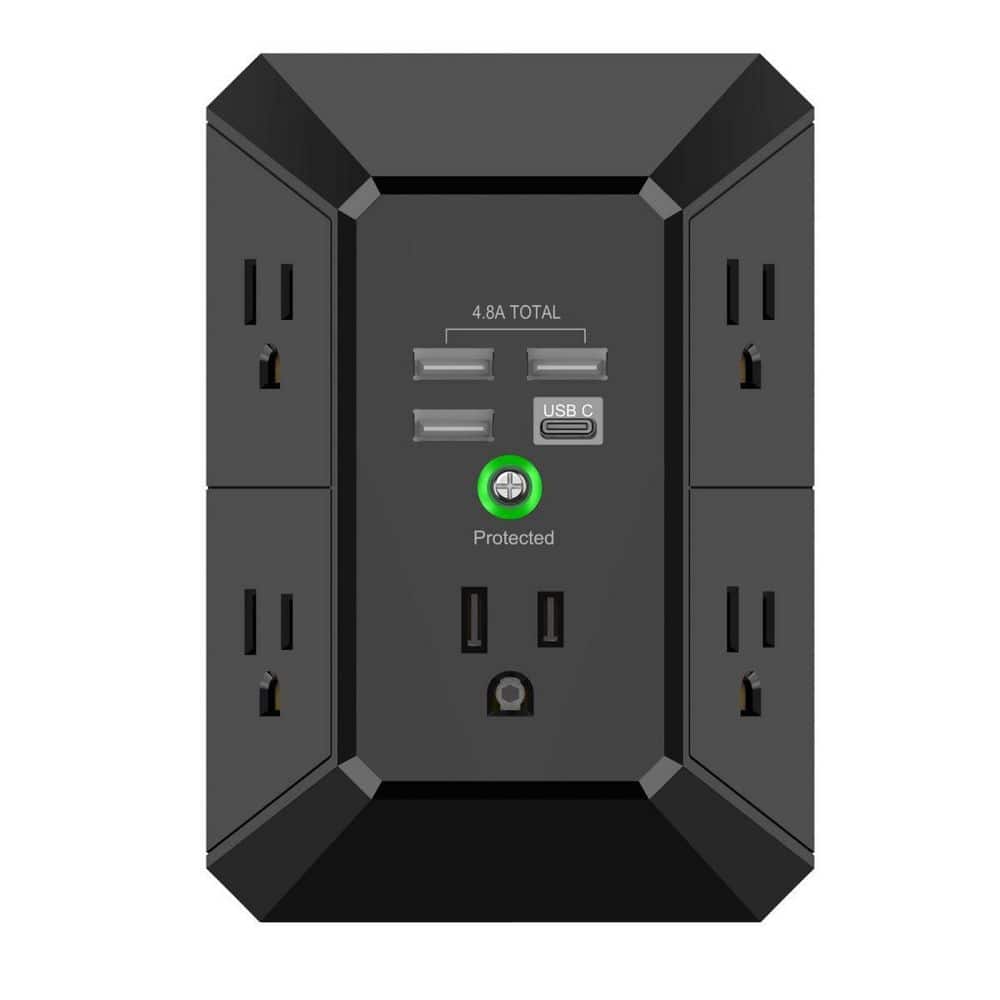 BIBIVIS Black 5-Outlet Extender with 4 USB Charging Ports 4.8A Total, 3-Sided 1680J Power Strip, Multi Plug Adapter Spaced, 3U1C
