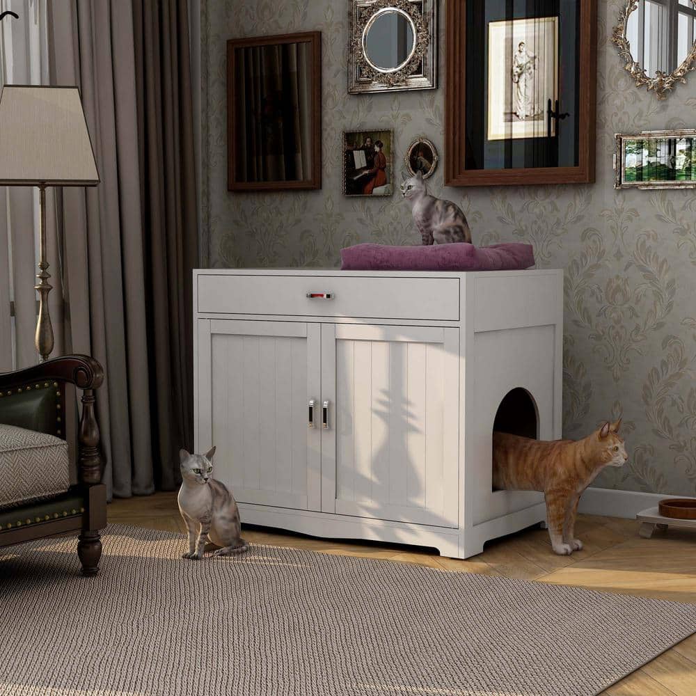 Unbranded 31.5 in. W x 20 in. D x 26 in. H White Linen Cabinet Cat Litter Box with Drawer and Cat Washroom Storage for Bathroom (2)