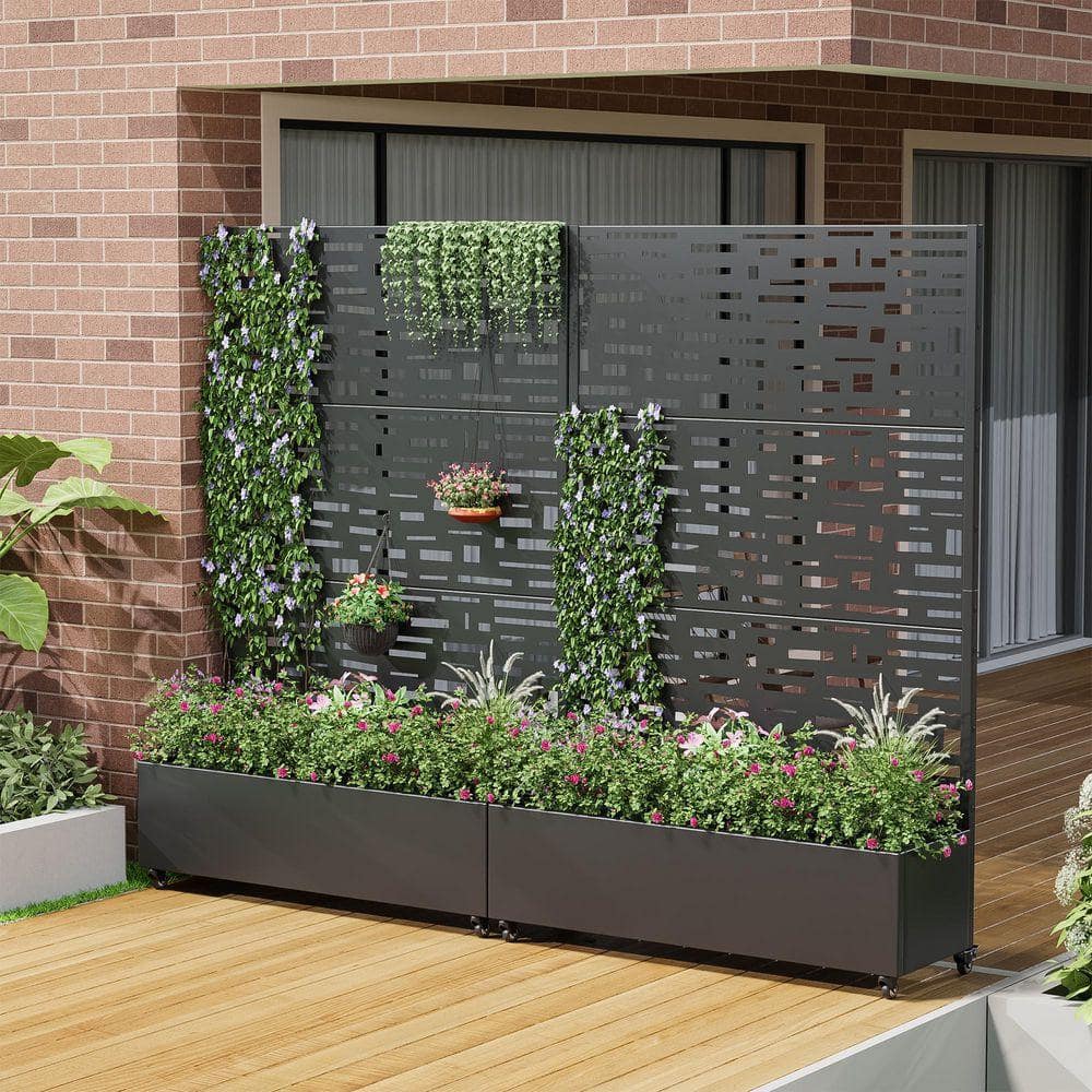 Lirago 72 in. H x 47 in. W Rectanglar Black Outdoor Metal Privacy Screen Planter Box Wall Decor in Boulevard Pattern (3)
