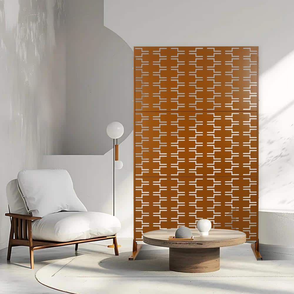 Zeus & Ruta 76 in. H x 48 in. W Brown Steel Outdoor Privacy Screen, Decorative Privacy Screen Privacy Fence Panels for Patio (2)