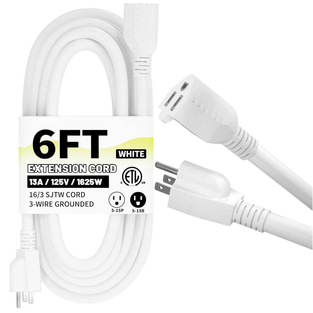 Unbranded 6 ft. 1625W 16-Gauge 1-Conductor SJTW Rated Indoor Outdoor Braided Extension Cord with Tri-tap Lighted End White (1)