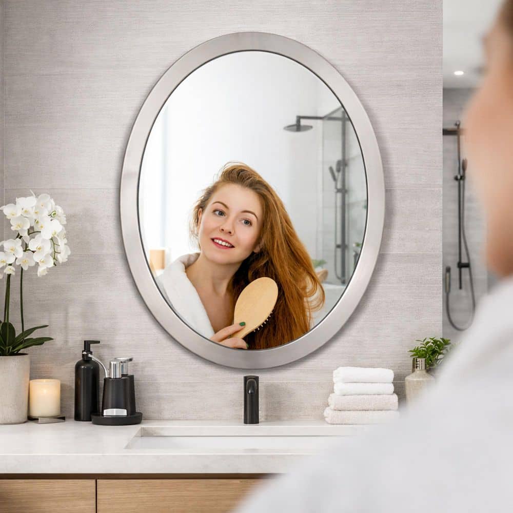 Deco Mirror 23 in. W x 29 in. H Framed Oval Beveled Edge Bathroom Vanity Mirror in Brushed nickel (2)