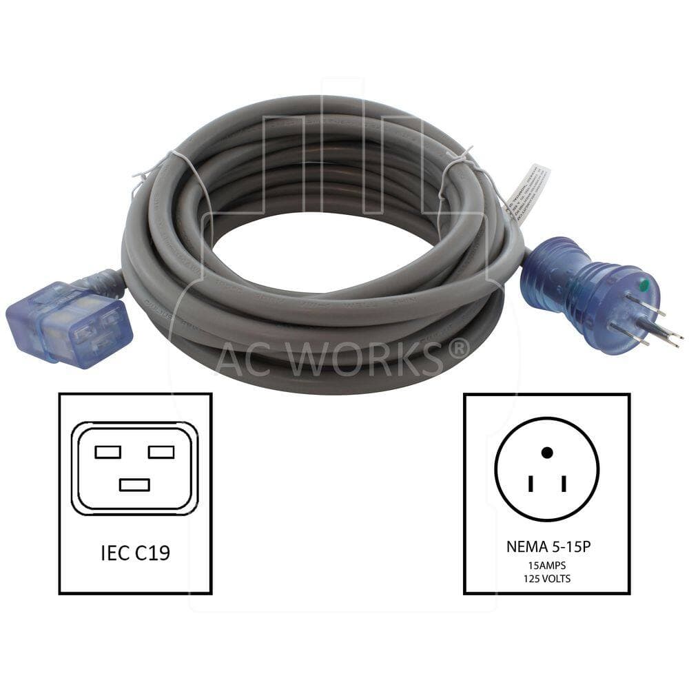 AC WORKS 20 ft. 14 / 3 15A Indoor Medical Grade Power Cord with Right Angle IEC C19 in Gray (2)