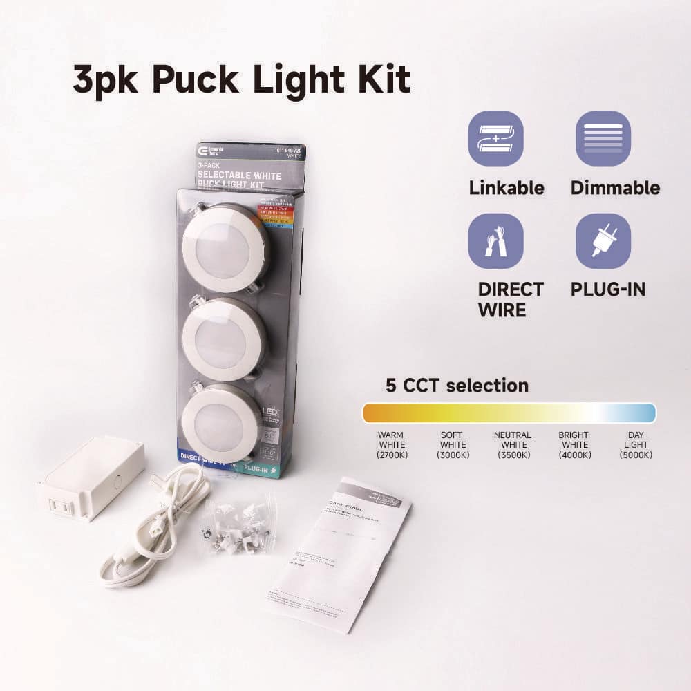 Commercial Electric Plug-In 3-Light White Dimmable Color Changing Integrated LED 5 CCT Under Cabinet Puck Light with J-box (3)