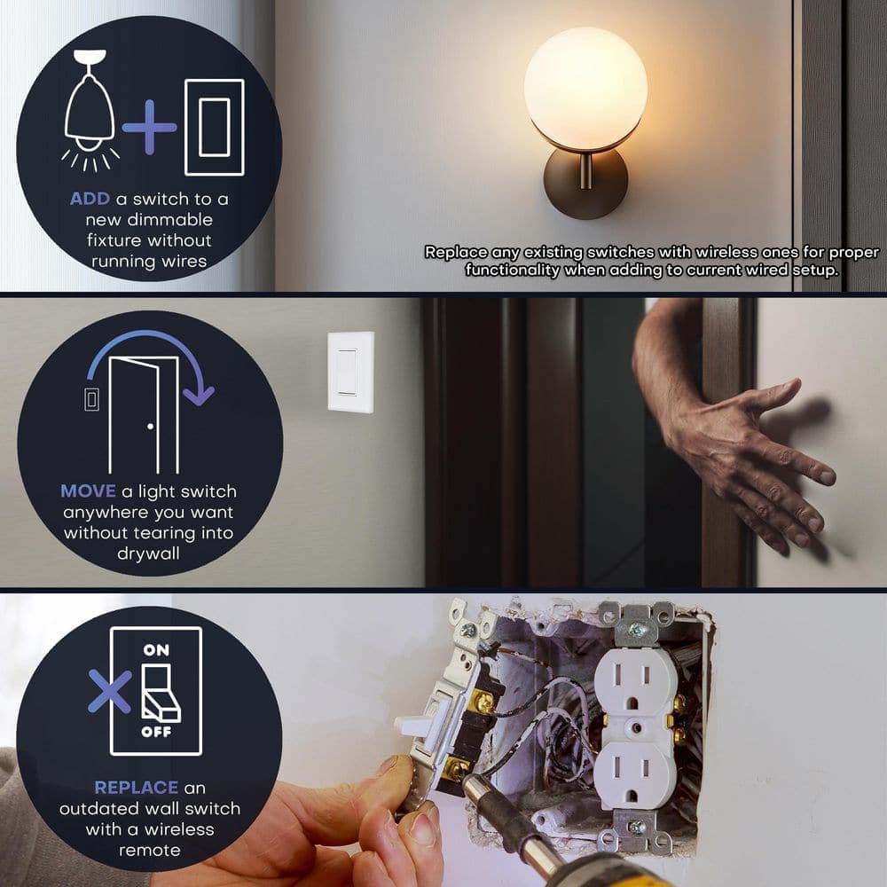 RunLessWire Battery-Free, Wireless Ivory Rocker Dimmer Switch Kit for Dimmable Lights Remote Switch Controls Phase Dimming Receiver (3)