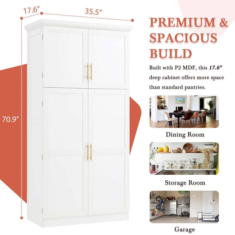 XUJMK 36 in. W x 18 in. D x 71 in. H White Linen Cabinet, Tall Pantry Storage Cabinet with Adjustable Shelf, 8 Pull-out Trays (3)