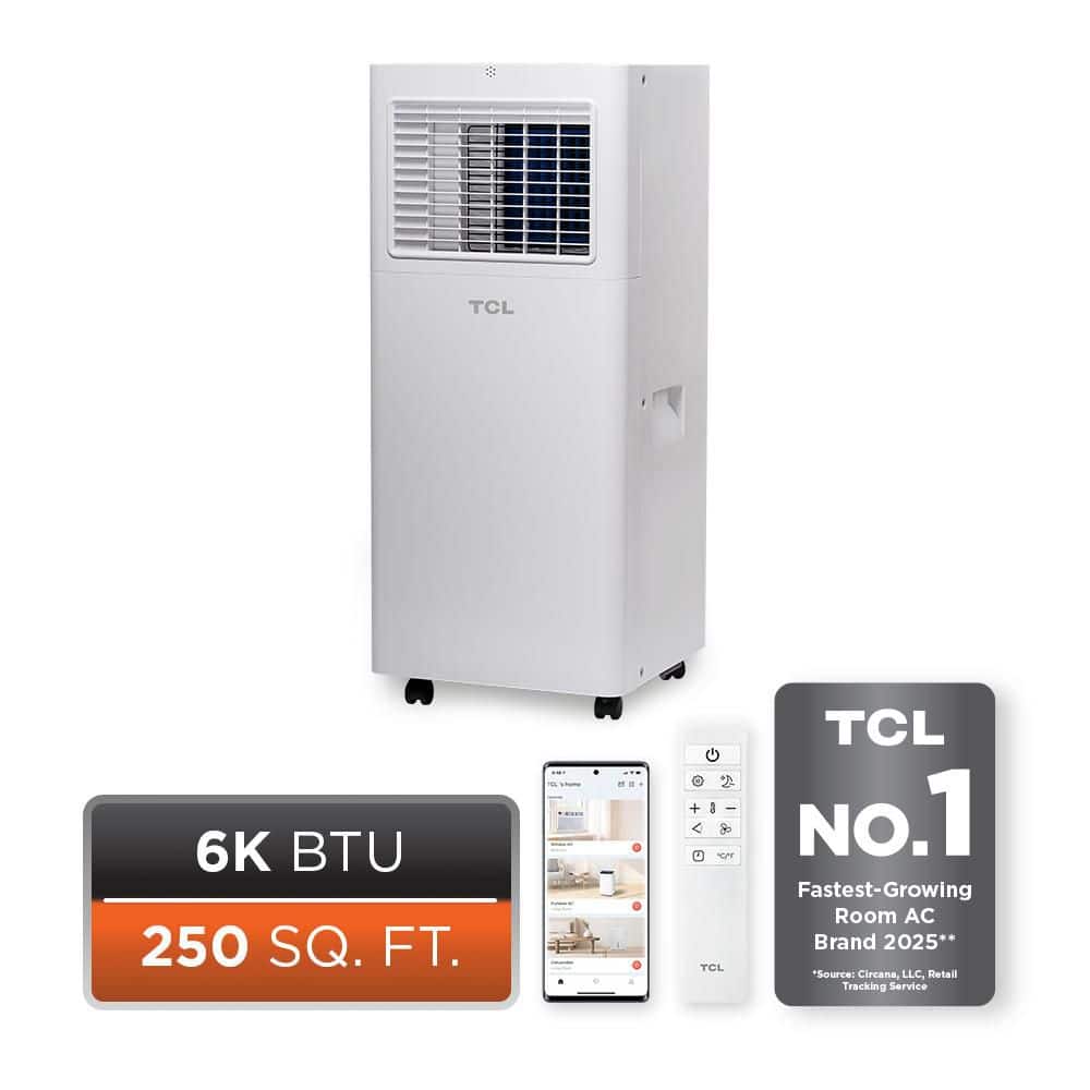 TCL 6,000 BTU (DOE) Smart Portable AC, Cools 250 sq. ft., with WiFi, Remote, AC/Fan/Dehumidifier, 24 Hr. Timer in White