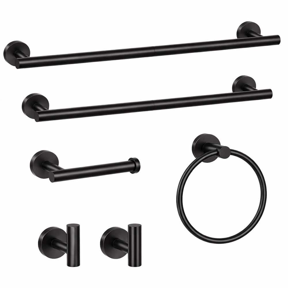 Anqtovp 6-Piece Matte Black Bathroom Hardware Set with Towel Bars, Ring, Hooks, Toilet Paper Holder in Matte Black (1)