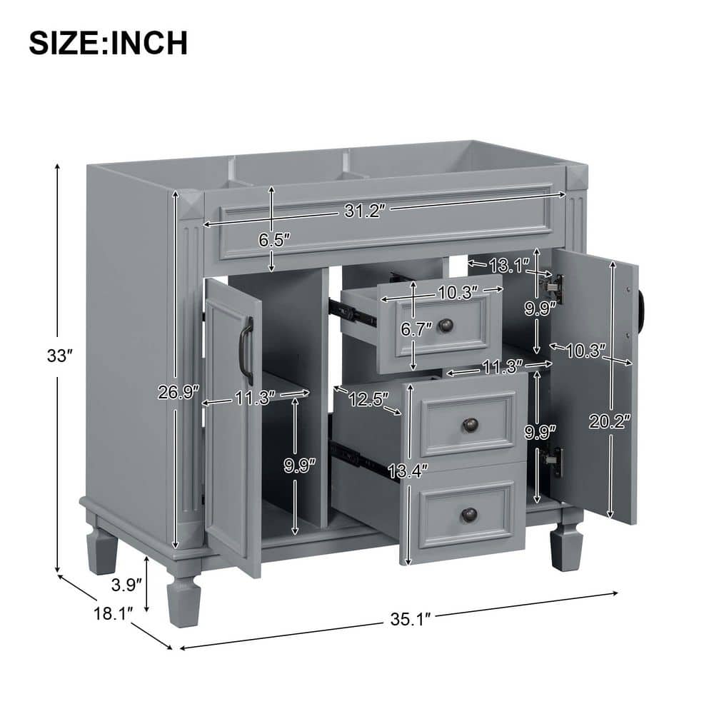 LuckByte 36 in. Bath Vanity Cabinet without Top with 2 Soft Closing Doors and 2 Drawers in Gray (3)