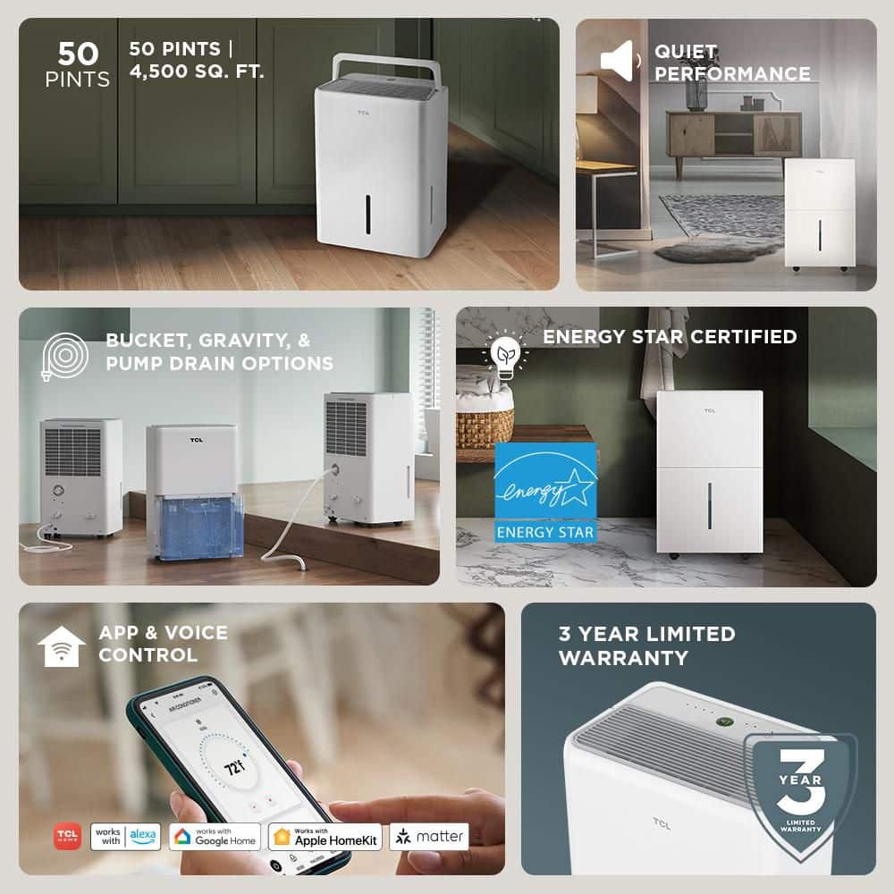TCL 50 pt. Smart Dehumidifier with Pump for 4,500 sq. ft. Basements or Wet Rooms, WiFi and Bucket in White ENERGY STAR (3)