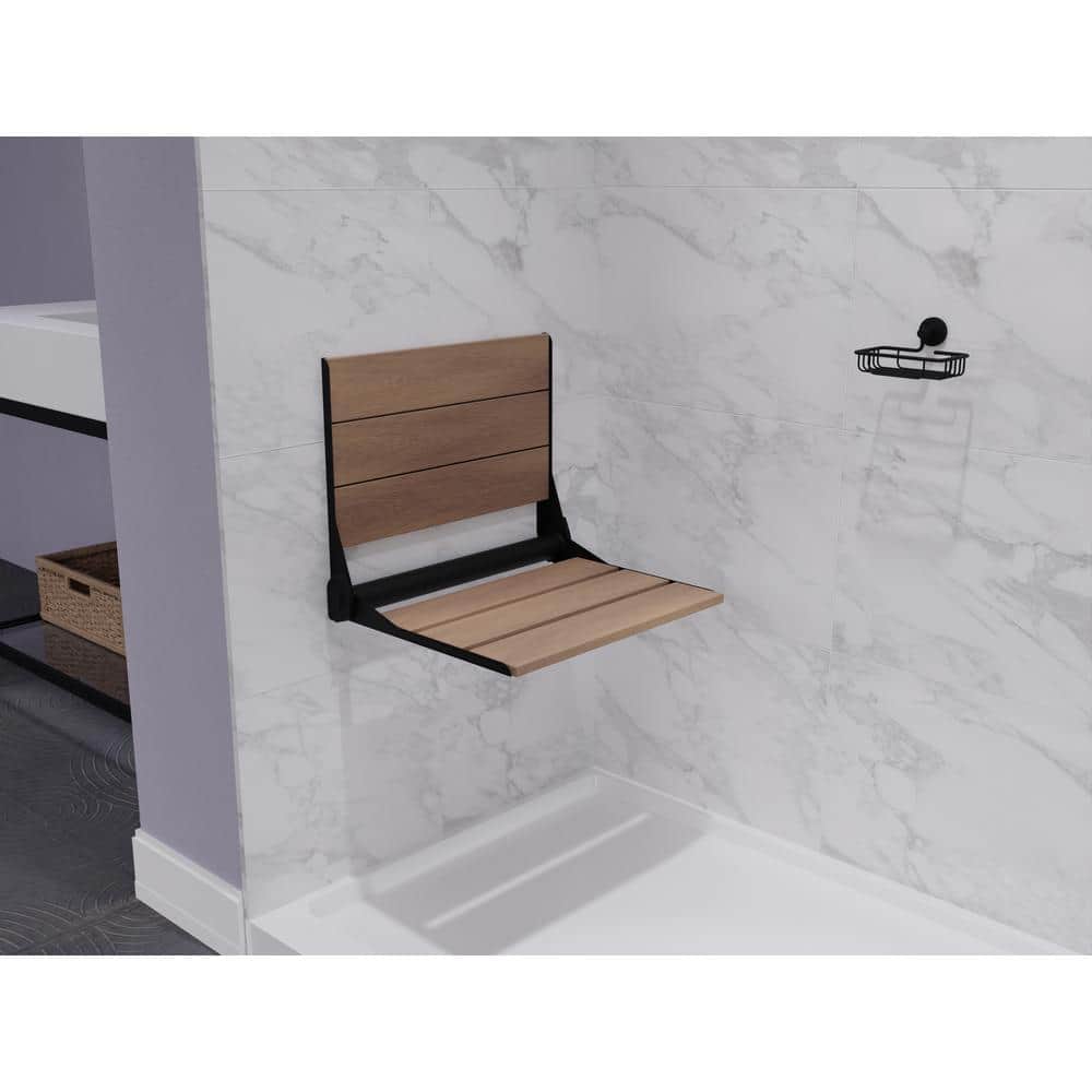 ANZZI Saxon 17 in. W x 17 in. D Teak Wall Mounted Folding Walk in Shower Seat in Matte Black (2)