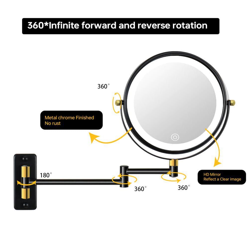 Amucolo 8.6 in. W x 12 in. H LED Lighted Round 1 x/10 x Magnifying Wall Mount Bathroom Makeup Mirror in Black Gold (3)