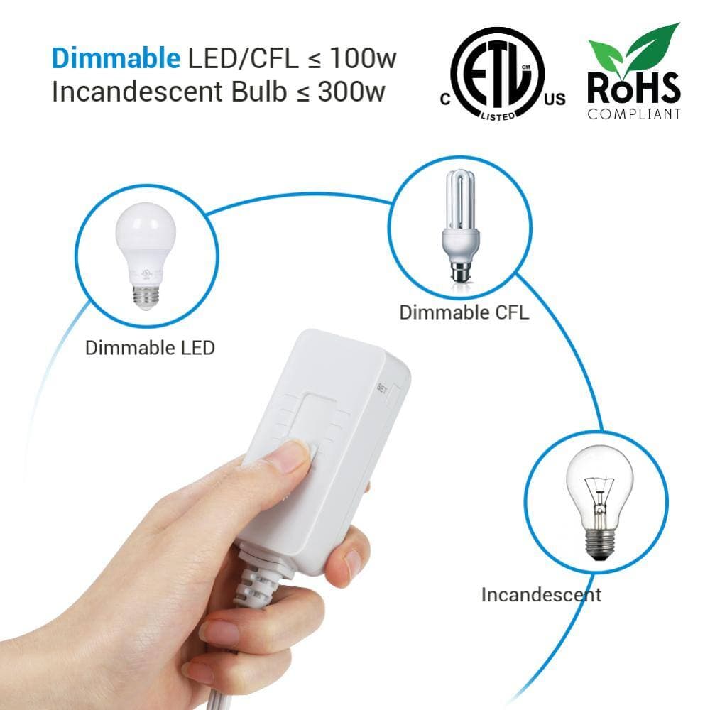 DEWENWILS 6 ft. Extension Cord White Plug in Dimmer Switch for LED/CFL Lights and Incandescent Bulbs Full Range Slide Control (2)