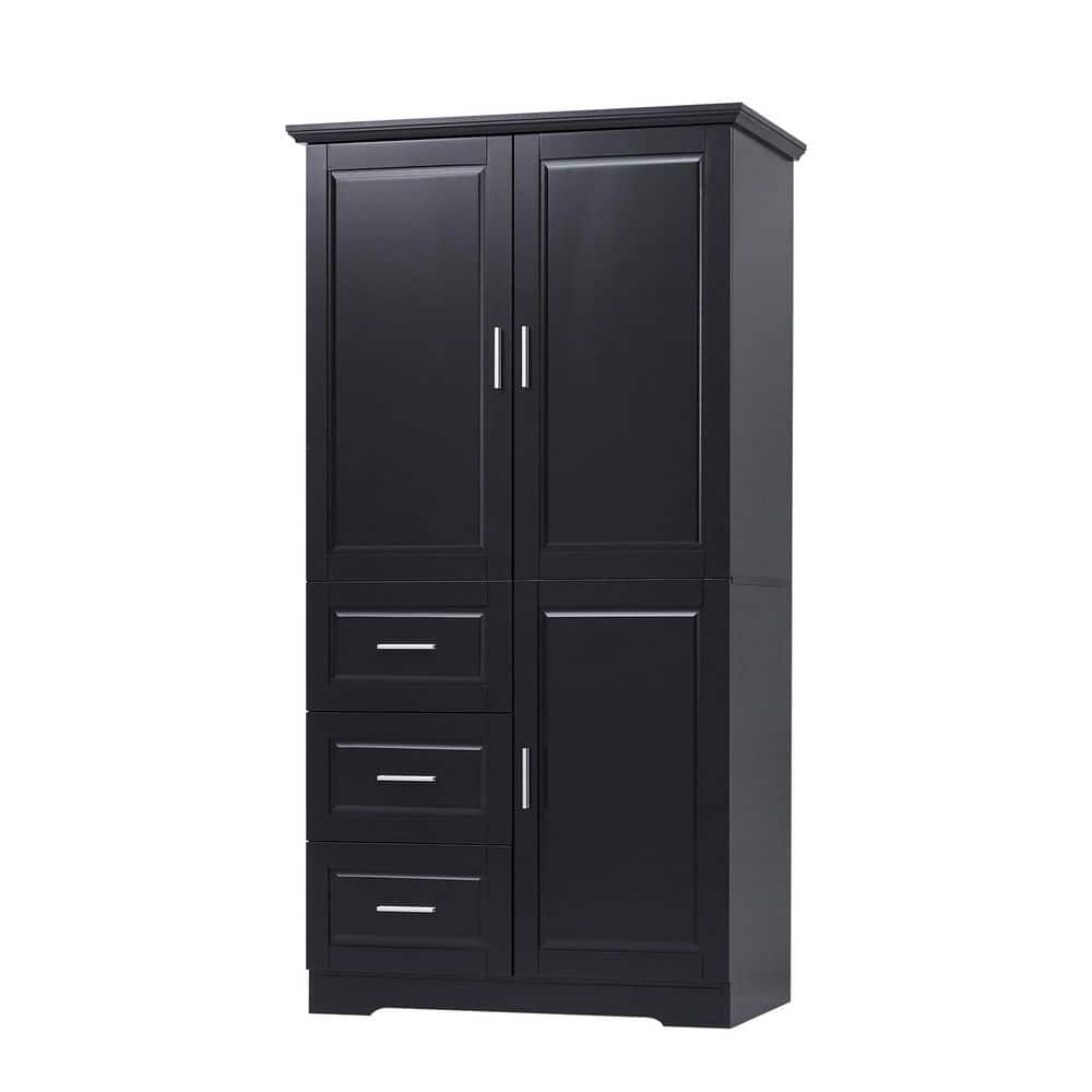 YSQCAR 32.6 in. W x 19.6 in. D x 62.2 in. H Black MDF Freestanding Linen Cabinet with 3-Drawers and Adjustable Shelves (1)