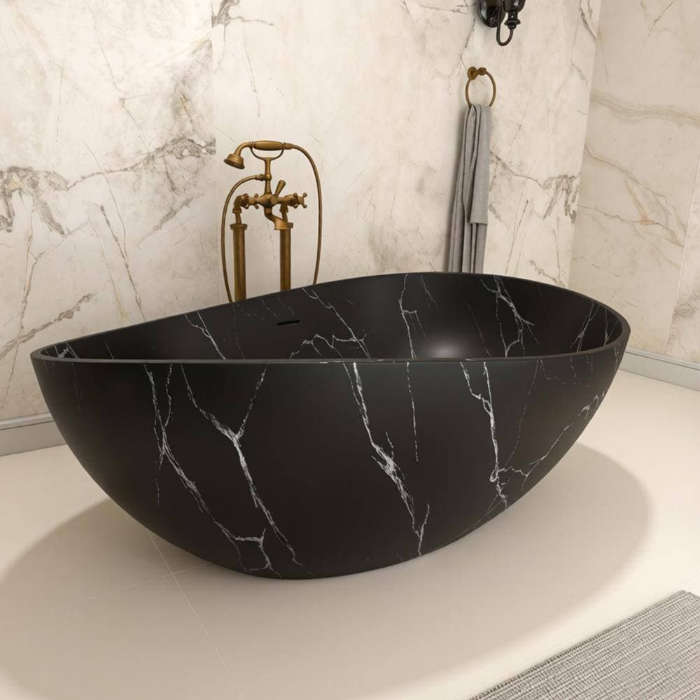 PEACEBAY 63 in. Solid Surface Oval Freestanding Soaking Bathtub with Wave Rim in Matte Black Marquina Marble Look (3)