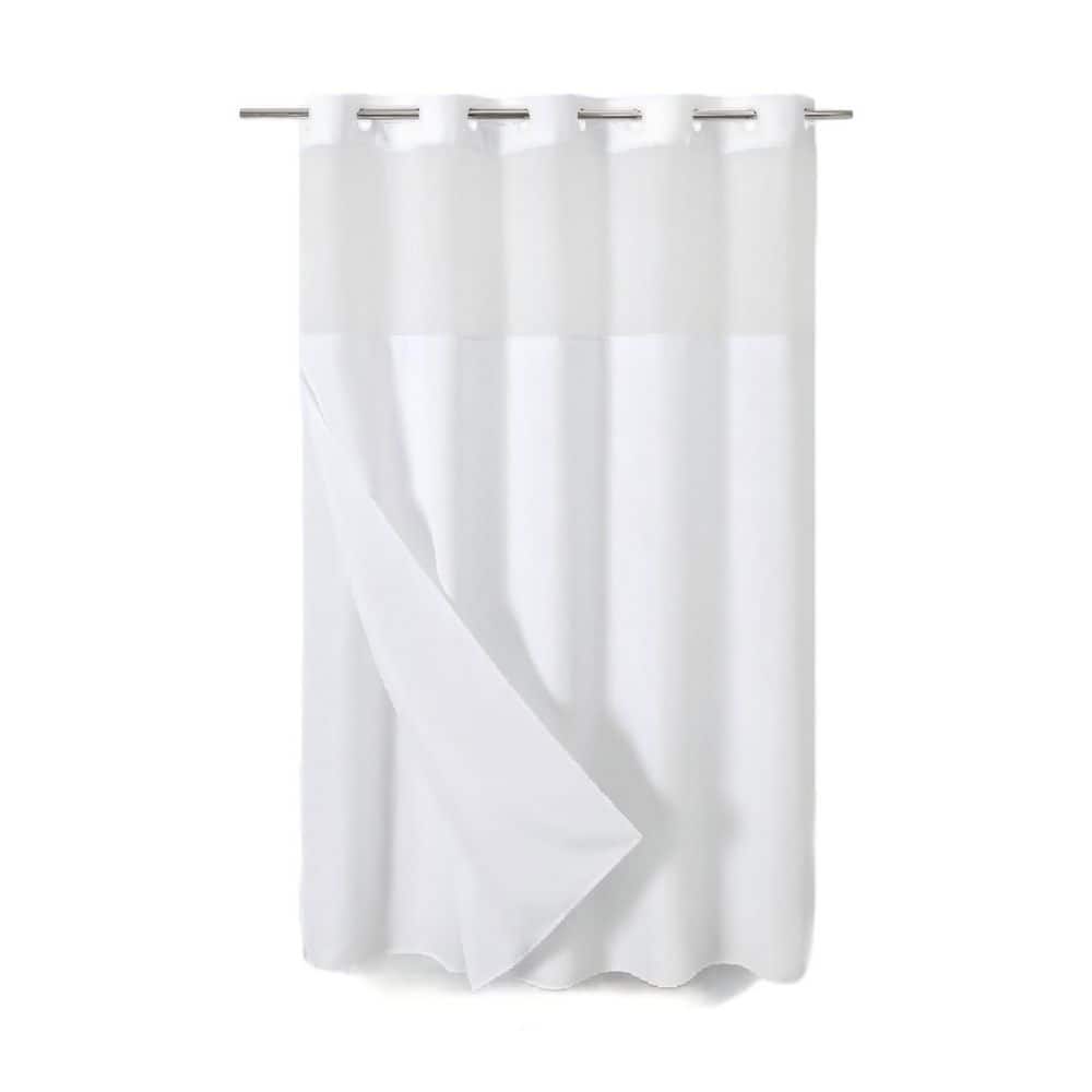 Wudkey 74 in. W x 71 in. L Polyester No Hooks Needed Linen Textured Shower Curtain with Snap-in Fabric Liner Set in White