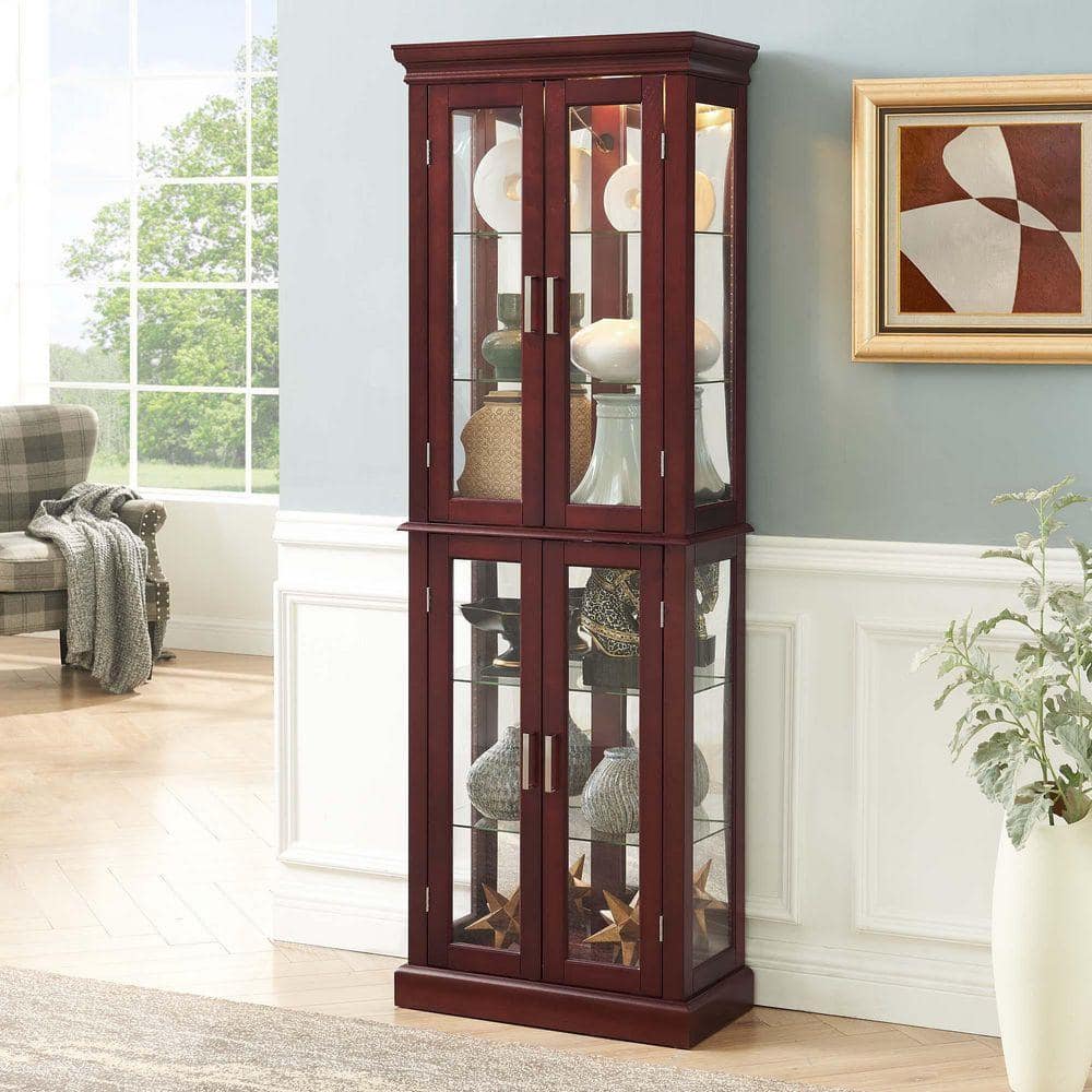 XUJMK 24 in. W x 12 in. D x 70 in. H Red Linen Cabinet, Curio Cabinet Lighted with Adjustable Shelves and Mirrored Back Panel