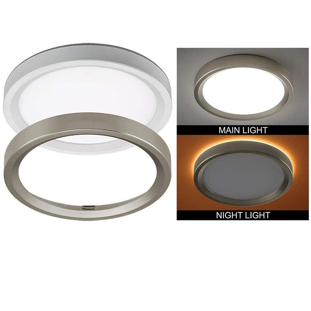 Commercial Electric 9 in. Color Selectable LED Flush Mount Ceiling Light w/ Night Light Optional White and Brushed Nickel Trim Rings