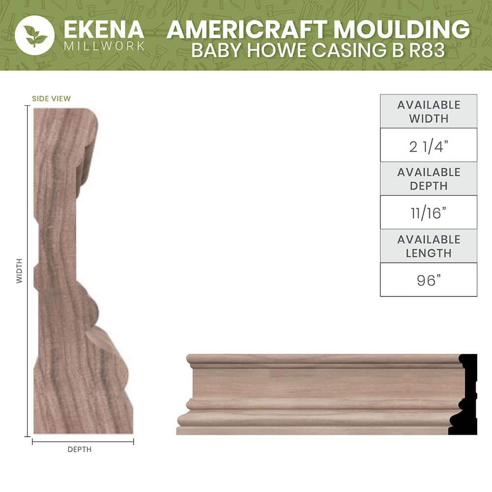 Ekena Millwork BRB3 0.69 in. D x 2.25 in. W x 96 in. L Wood (Fingerjoint Pine) Baby Howe Casing Moulding (2)