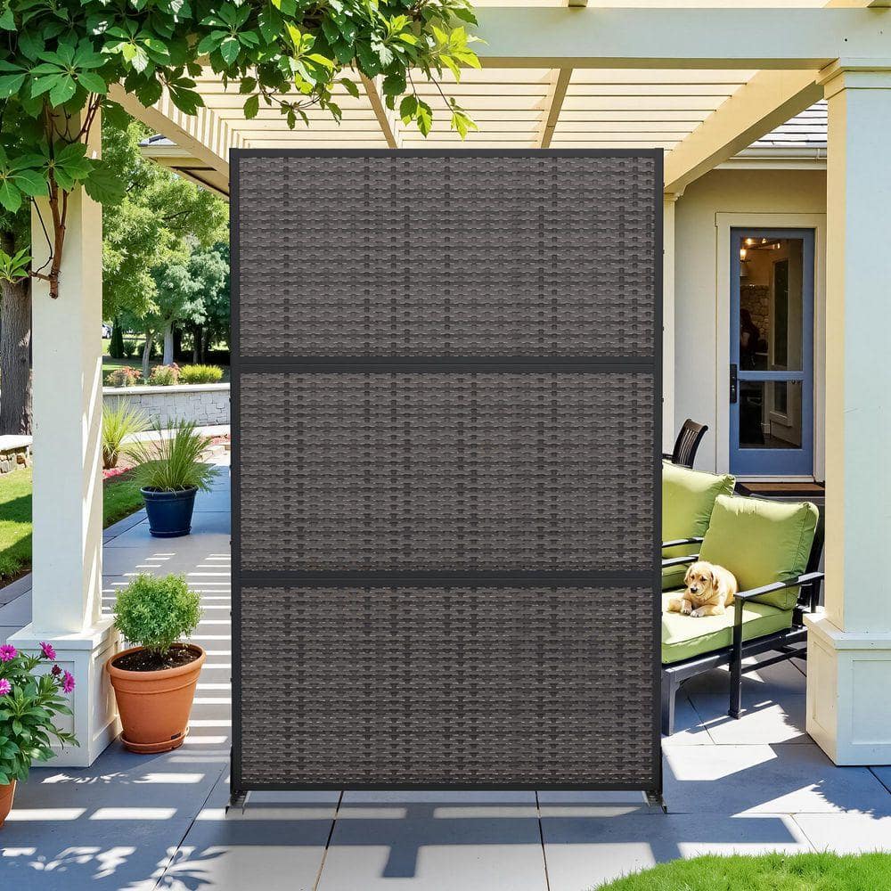 Lirago 72 in. x 47 in. Outdoor Metal Privacy Screen Garden Fence with Wicker Panel Wall Decal in Black (2)