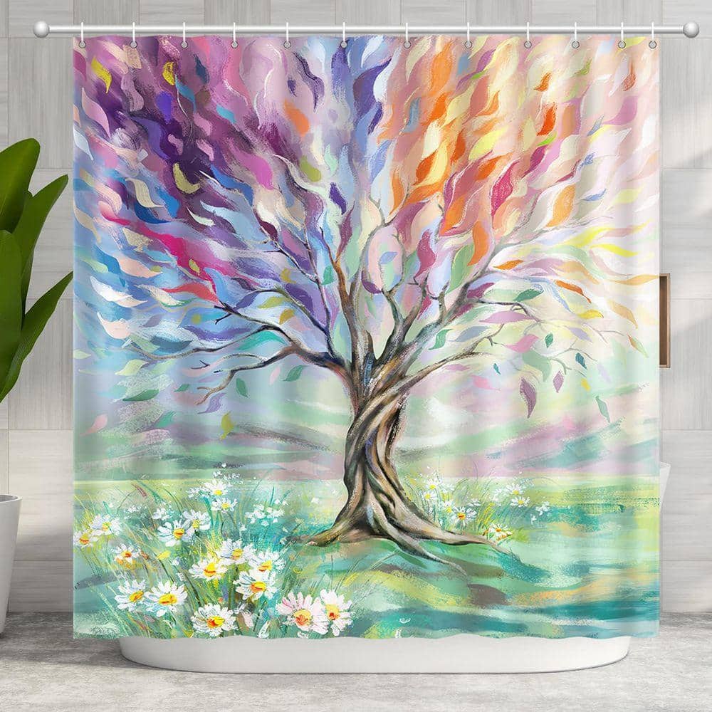 JFVKAF Oil Painting Tree Shower Curtain 72 x 72 Polyester Fabric with 12 Hooks Colorful Seasons Design for Bathroom Polyester (3)