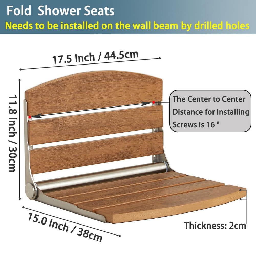 Wudkey 17.5 in. Folding Stainless Steel Shower Seat Wall Mounted, Foldable Shower Bench, Fold Down Shower Seat, Teak (2)