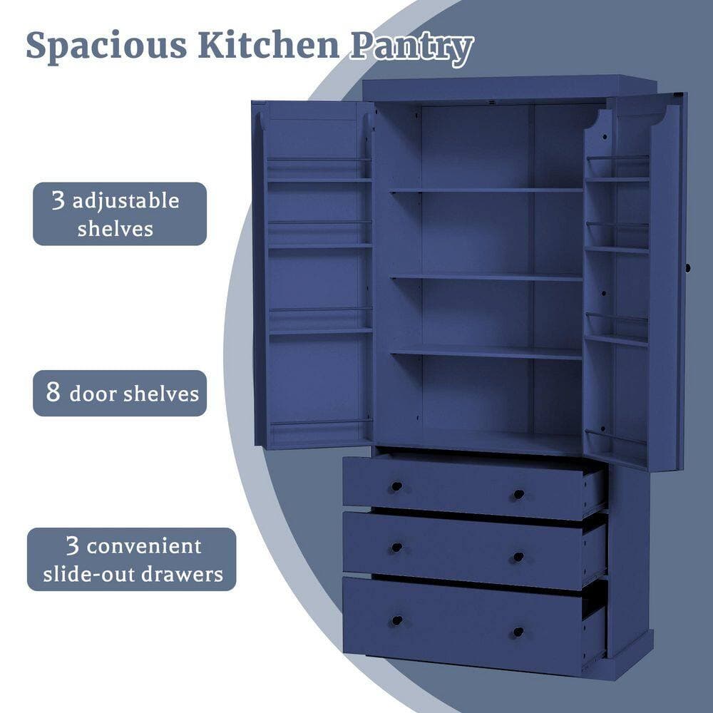 COWLOWN 35 in. W x 17.7 in. D x 77 in. H Blue Linen Cabinet Kitchen Pantry with 3-Adjustable Shelves, 8-Door Shelves, 3-Drawers (3)