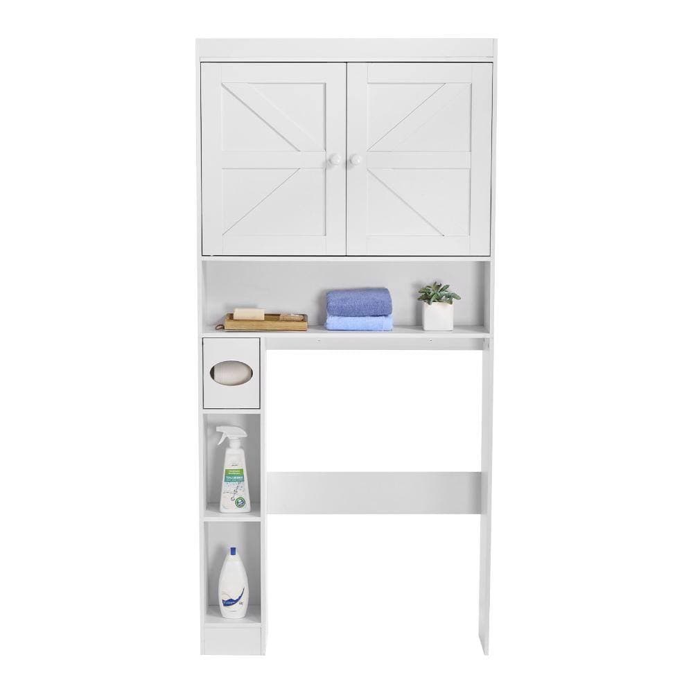 Bunpeony Over-the-Toilet Storage Cabinet 67.44 in., Bathroom Space Saver Organizer with Double Door, Adjustable Shelf, White (2)