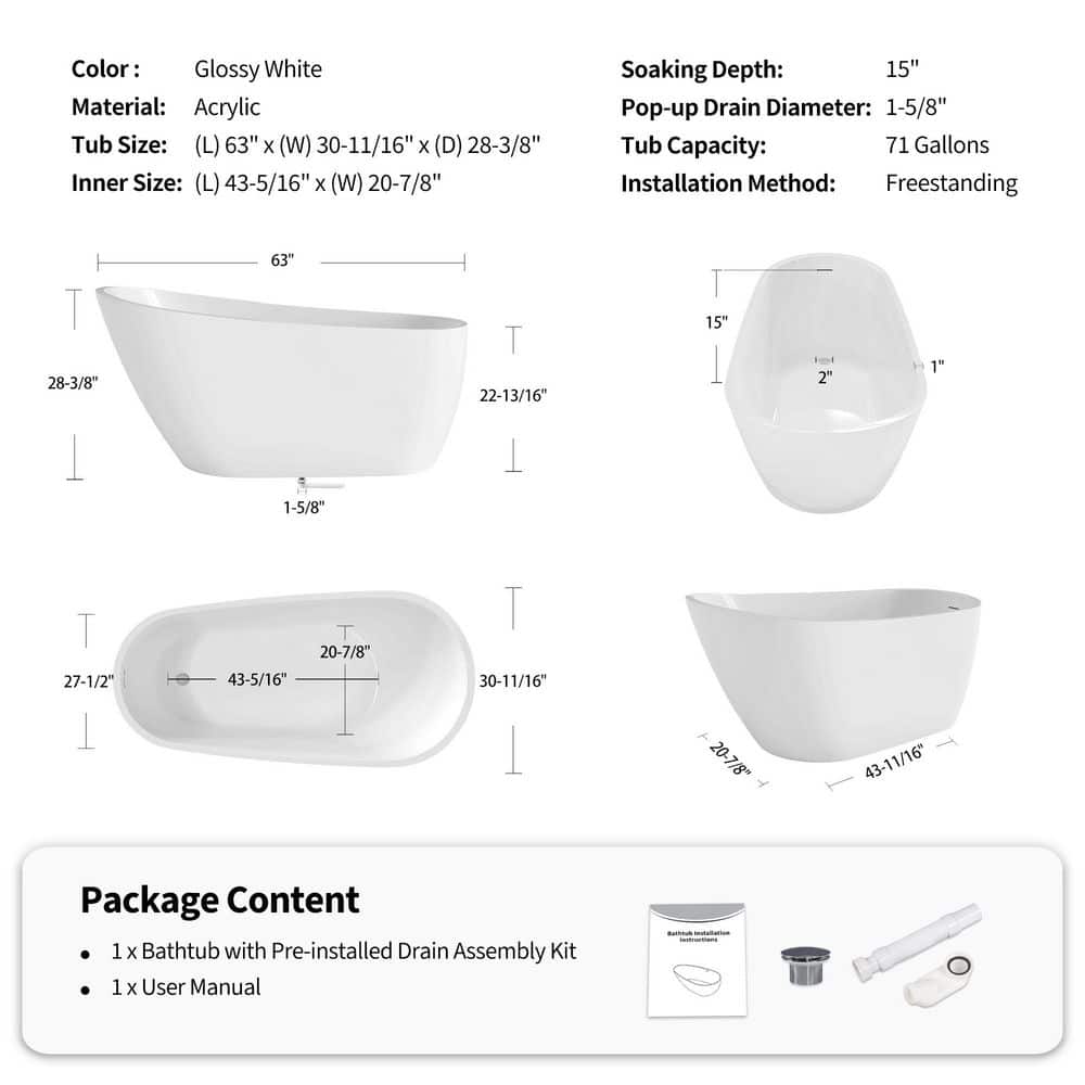 JimsMaison 63 in. x 31 in. Acrylic Single Slipper Flatbottom Freestanding Soaking Bathtub in White (2)