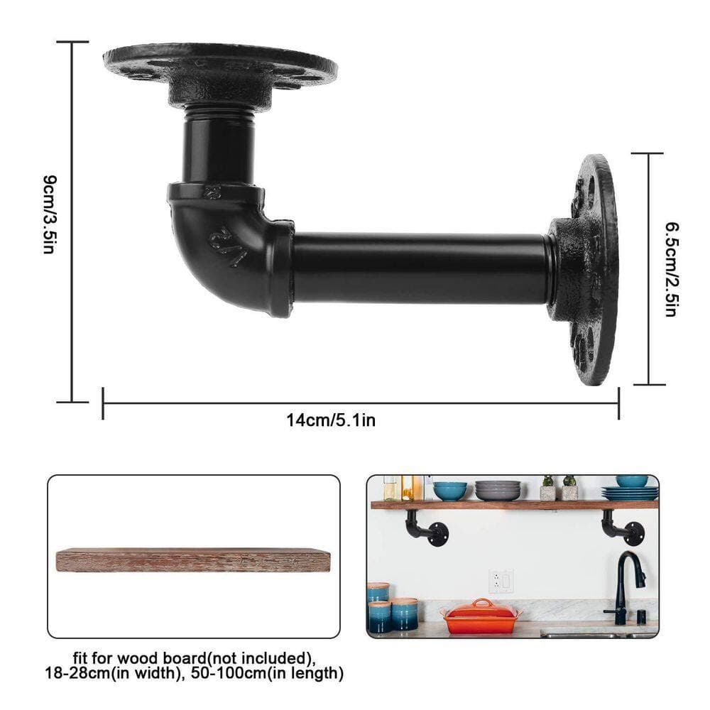 Wudkey 6-Pack Industrial Iron Pipe Shelf Brackets in Black, DIY Rustic Shelves Brackets Hardware Included, 55 lb. Capacity (2)