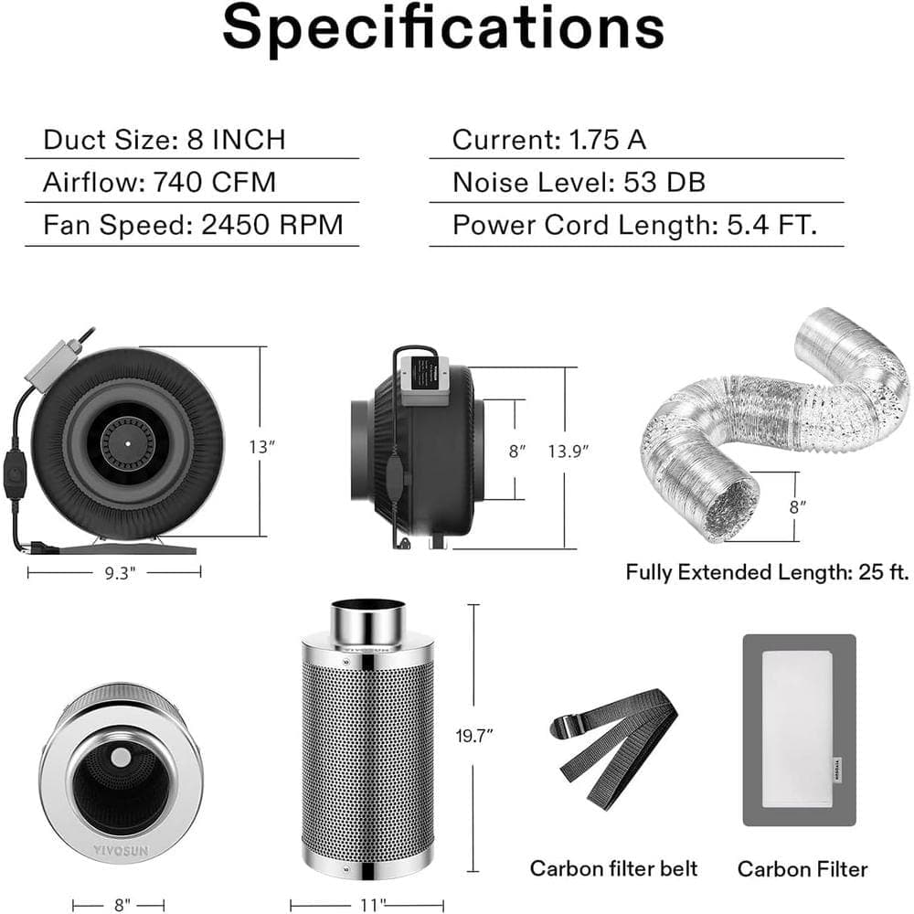 VIVOSUN 8 in. 740 CFM Inline Fan with Speed Controller, 8 in. Carbon Filter and 25 ft. of Ducting (2)