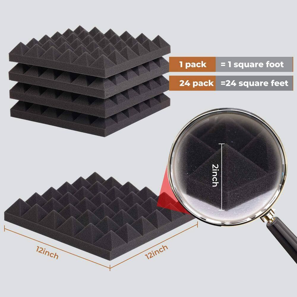 xinyoec 24 Pack 12 x 12 x 2 in. Pyramid Designed Acoustic Foam Panels, High Density and Fire Resistant, for Wall and Ceiling (3)