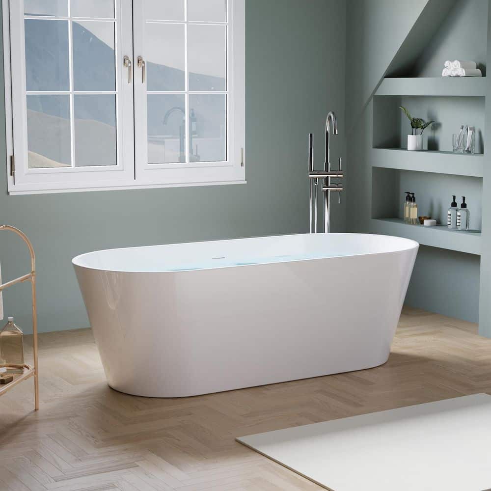 WELLFOR Divan 67 in. x 28.74 in. Soaking Bathtub with Center Drain in Glossy White Freestanding 100% Pure Virgin Acrylic Bathtub (1)