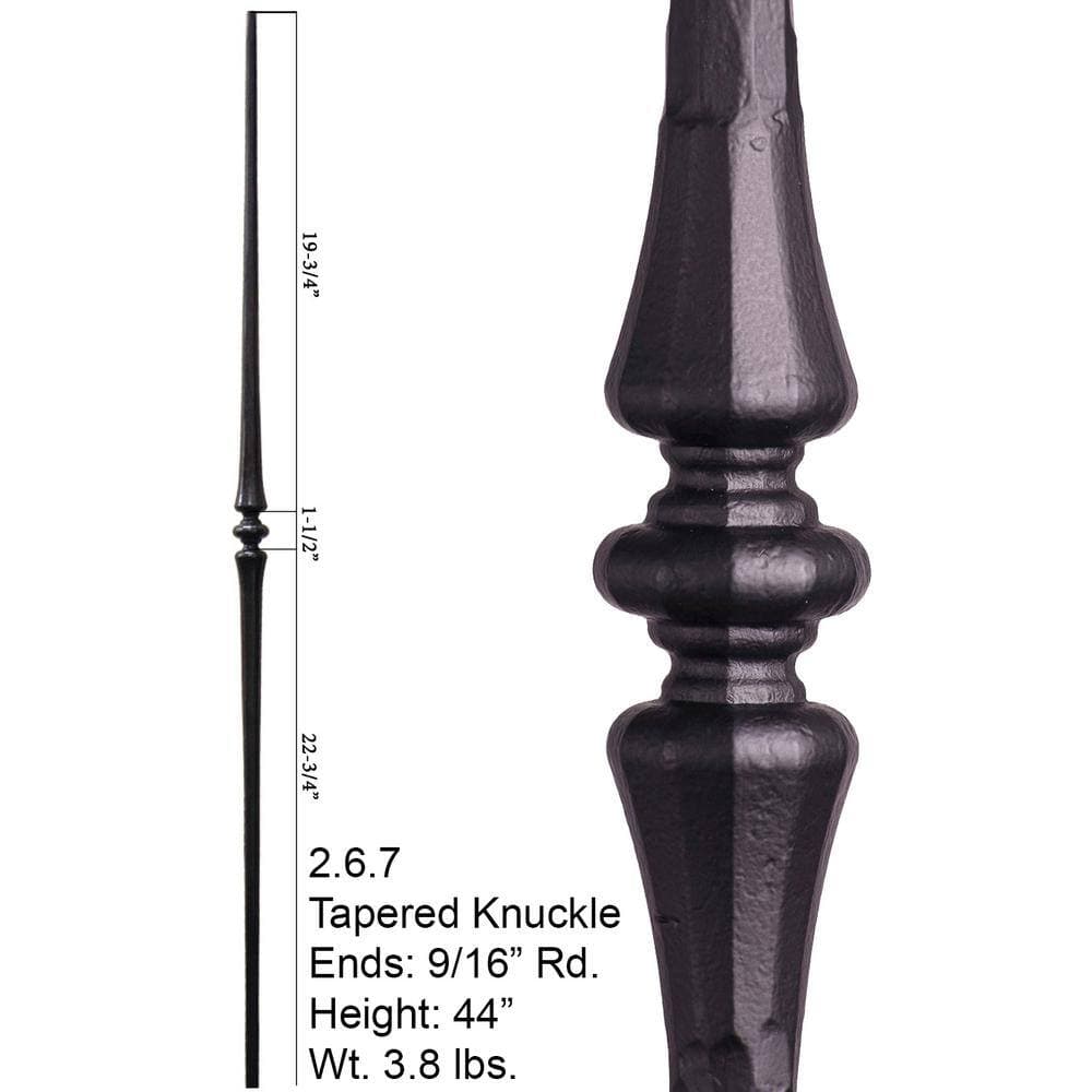 HOUSE OF FORGINGS Tuscan Round Hammered 44 in. x 0.5625 in. Satin Black Single Tapered Knuckle Solid Wrought Iron Baluster (2)