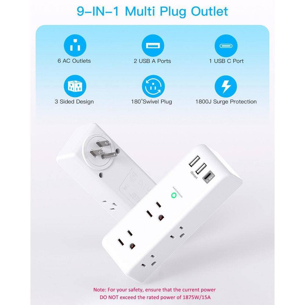 Lukyamzn 6-Outlet Extender 3-Ports 1-Ports Surge Protector with Rotating Plug 1800J Wall Charger for Home Office Travel (3)